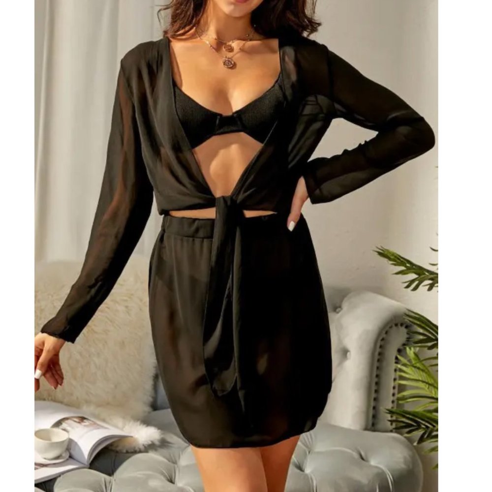 ZAFUL CHIFFON 2 PC. COVER UP SET, SIZE SMALL (4), BLACK